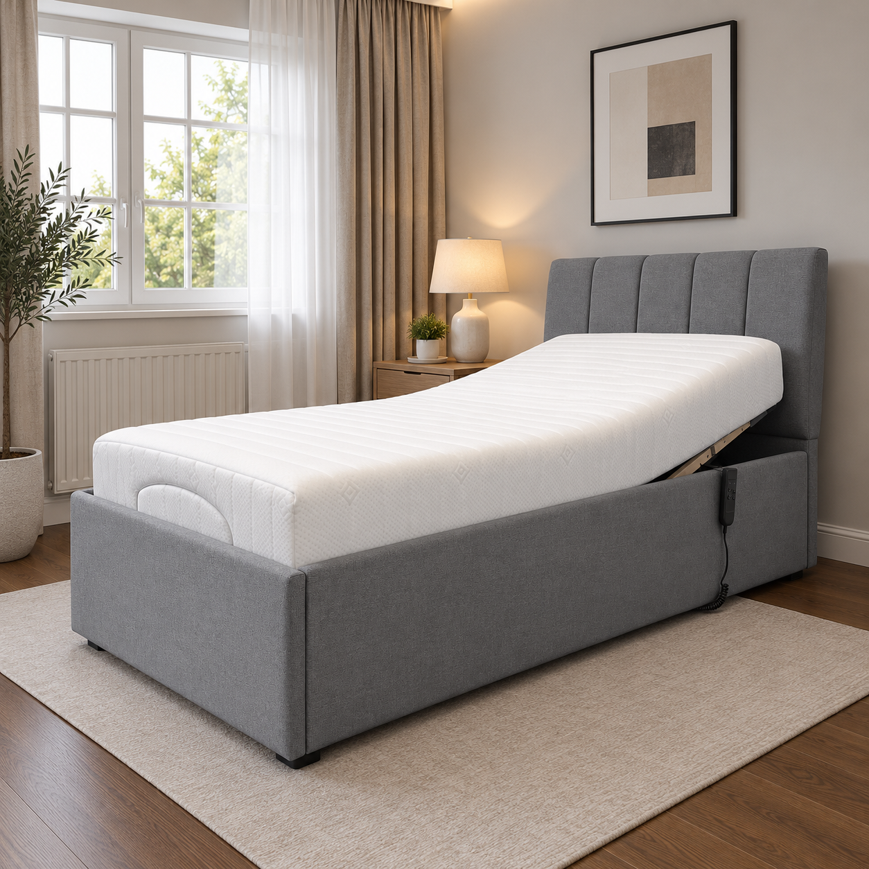 The Hickling adjustable bed in a furnished bedroom